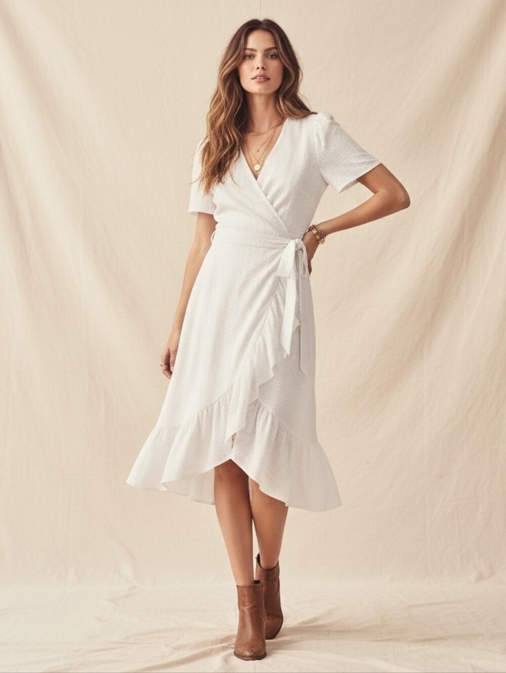 London Times Eyelet Midi Wrap Dress Ruffle Front Hem In White, EUC, 20W